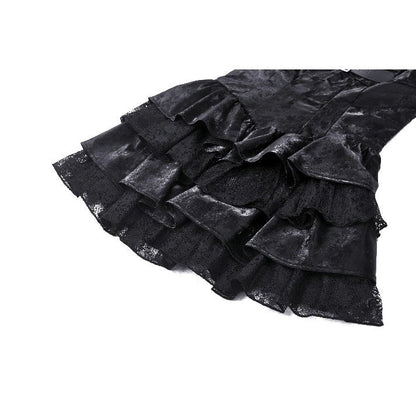 Harriet Punk Shiny PU Leather Layered Dress featuring an elegant corset design and dramatic ruffles, perfect for a luxurious punk fashion statement.