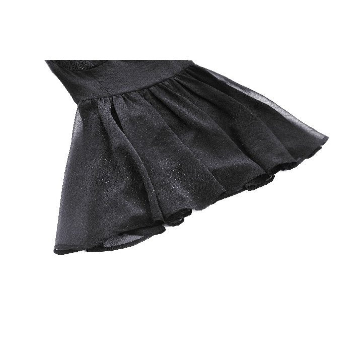 Detailed close-up of the Dark in Love Greta Gothic Dress, highlighting the sheer mesh fabric and stylish lace-up design for a luxurious gothic look.