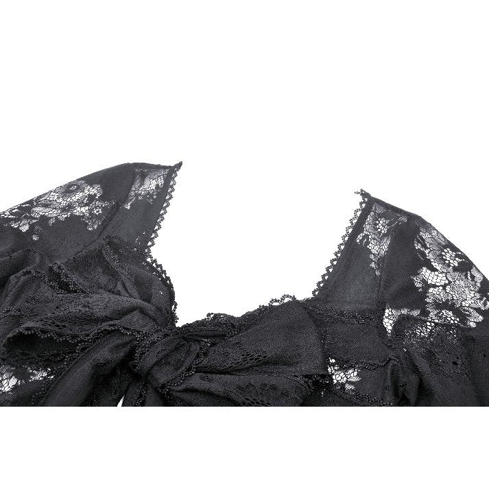 Flat lay of the Emersyn long robe, emphasising the exquisite floral pattern and contrasting lace trim, ideal for gothic fashion enthusiasts.