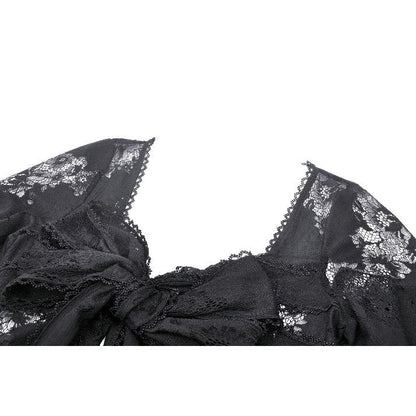 Flat lay of the Emersyn long robe, emphasising the exquisite floral pattern and contrasting lace trim, ideal for gothic fashion enthusiasts.