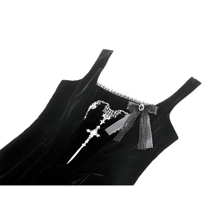 Dark In Love Lux Black Velvet Maxi Dress showcasing elegant square neckline and intricate horn embroidery for gothic fashion enthusiasts.