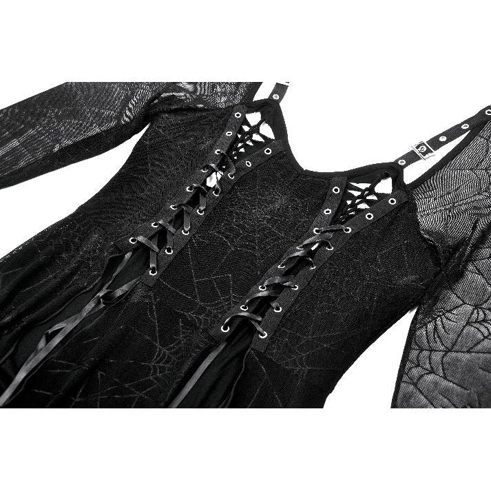 Dramatic portrayal of the Dark in Love Jax Dress with intricate spider web overlay, perfect for gothic fashion enthusiasts.