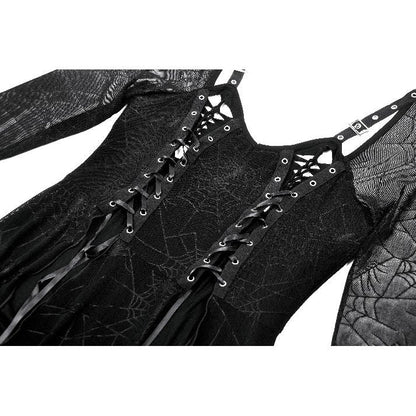 Dramatic portrayal of the Dark in Love Jax Dress with intricate spider web overlay, perfect for gothic fashion enthusiasts.
