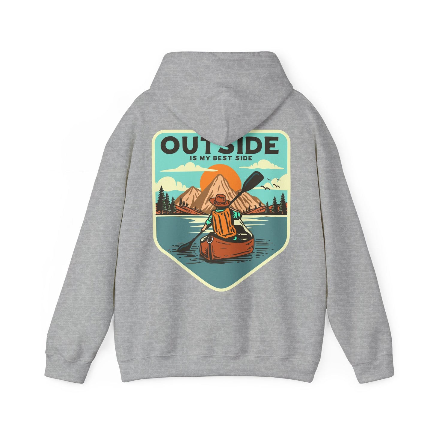 Elevate your style with the grey retro back print hoodie featuring a captivating design of a kayaker, mountains, and sunrise, showcasing the phrase 'OUTSIDE IS MY BEST SIDE'.