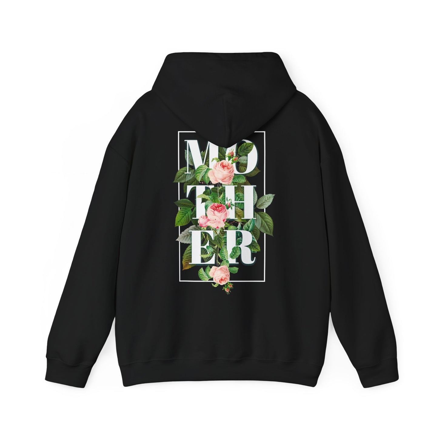 Luxurious black hoodie with an exquisite floral back print, featuring the word 'MOTHER' surrounded by vibrant pink roses and leafy greens for a striking visual appeal.