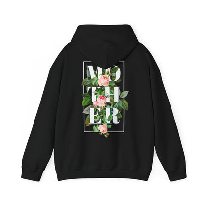 Luxurious black hoodie with an exquisite floral back print, featuring the word 'MOTHER' surrounded by vibrant pink roses and leafy greens for a striking visual appeal.
