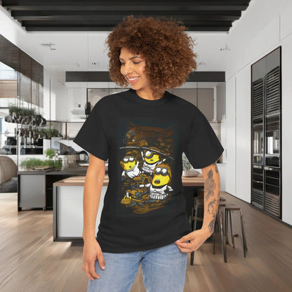 Minions Star Wars Trash Compactor Graphic T-Shirt Urban Unisex Cotton worn by a stylish individual in a modern kitchen setting, highlighting its funny design and pop culture appeal. Ideal for those who love Minions and want to show off their unique style with this fun T Shirt.