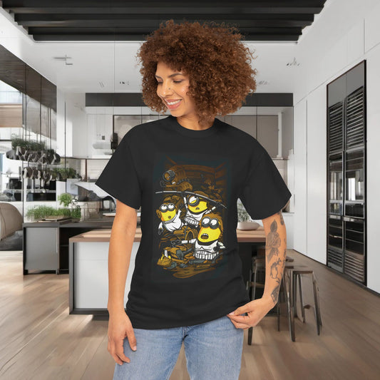 Minions Star Wars Trash Compactor Graphic T-Shirt Urban Unisex Cotton worn by a stylish individual in a modern kitchen setting, highlighting its funny design and pop culture appeal. Ideal for those who love Minions and want to show off their unique style with this fun T Shirt.