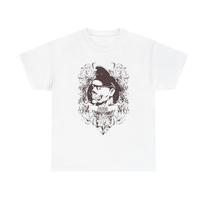 Sophisticated white men's t-shirt displaying a detailed zombie graphic with baroque flourishes, perfect for making a stylish impression.