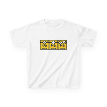 Minions Kids T-Shirt Banana Yellow Periodic Table Elements Tee showcasing the chemical elements Barium and Sodium. Perfect for fun-loving kids, this tee combines science with beloved Minion characters. T Shirt, Funny, Minions.