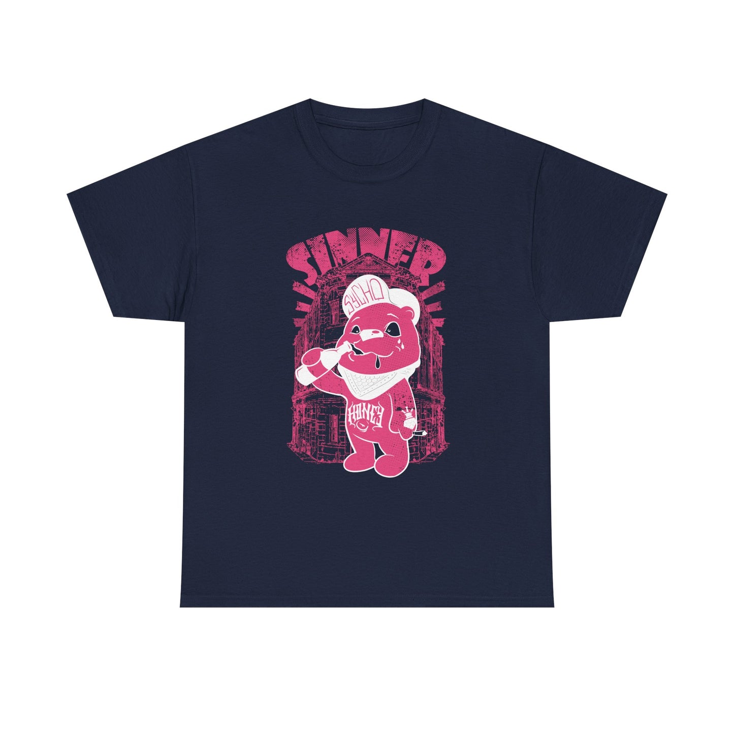Sophisticated Gangsta Bear Men's T-Shirt in navy showcasing a striking pink illustration of a playful bear in urban streetwear, complete with the word 'SINNER' for a chic statement.