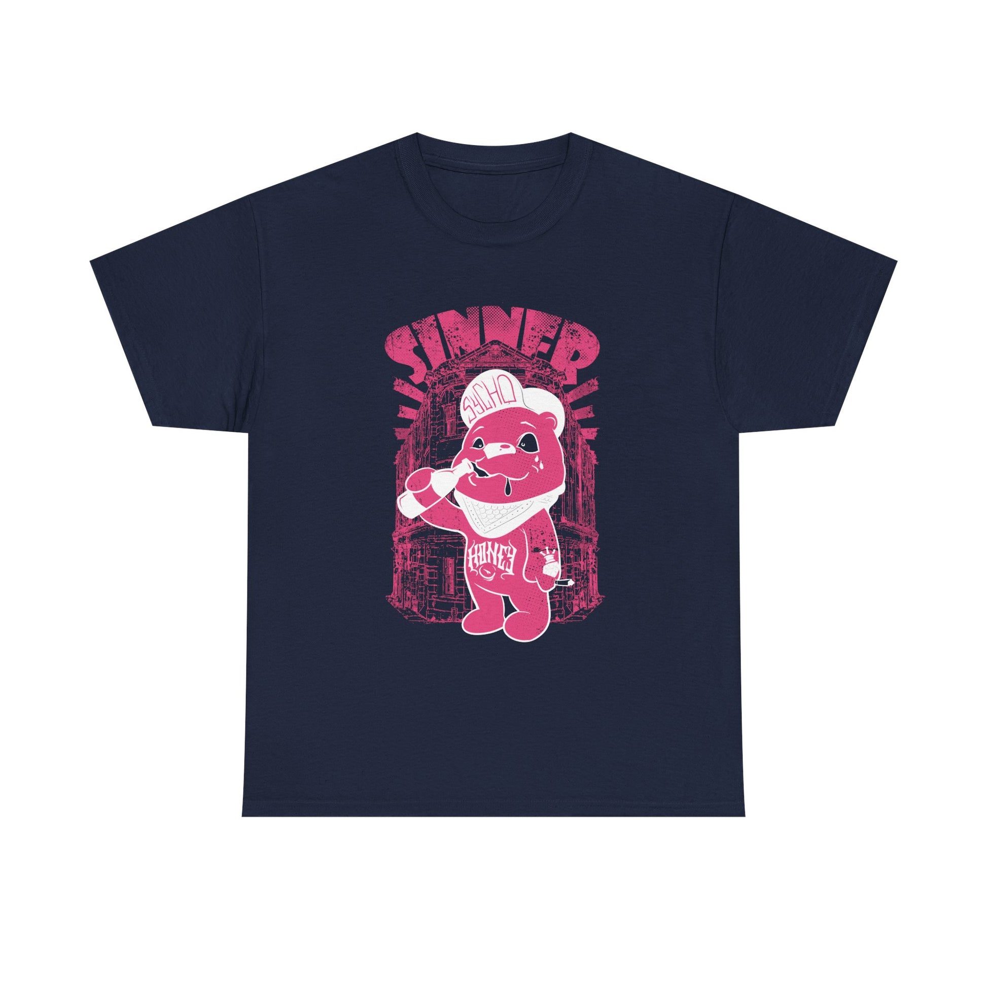 Sophisticated Gangsta Bear Men's T-Shirt in navy showcasing a striking pink illustration of a playful bear in urban streetwear, complete with the word 'SINNER' for a chic statement.