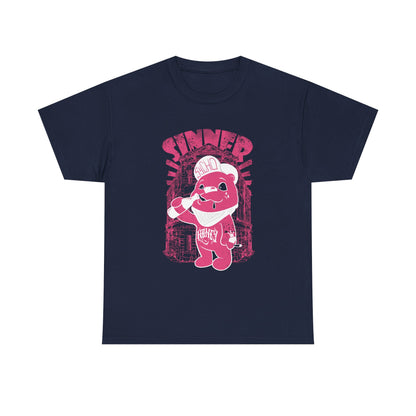Sophisticated Gangsta Bear Men's T-Shirt in navy showcasing a striking pink illustration of a playful bear in urban streetwear, complete with the word 'SINNER' for a chic statement.