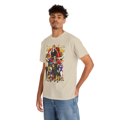 Stylish men's beige t-shirt featuring vibrant anime graphic art of an iconic adventure crew design, perfect for fashion enthusiasts.