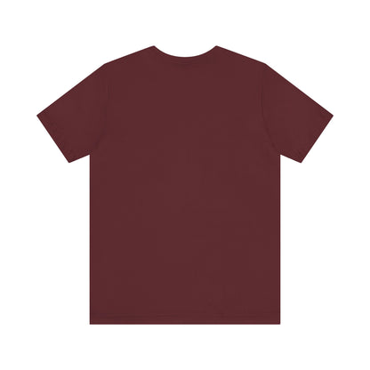 Beautiful back view of a sophisticated unisex short sleeve tee in a rich burgundy, perfect for fans of Sabrina Carpenter.