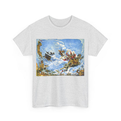 Front view of the Discworld The Light Fantastic Graphic Unisex T Shirt Tee in grey, adorned with a vibrant illustration that reflects Terry Pratchett's fantastical themes, merging art with fashion seamlessly.