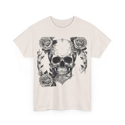 Front view of the Skulls and Roses Cotton Tee featuring an intricate steampunk skull and rose graphic, perfect for alternative fashion.
