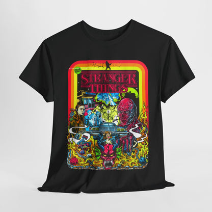 Luxurious Stranger Things graphic t-shirt featuring vibrant retro artwork with iconic characters, flames, and a bold design on a black background, perfect for fashion-forward fans.