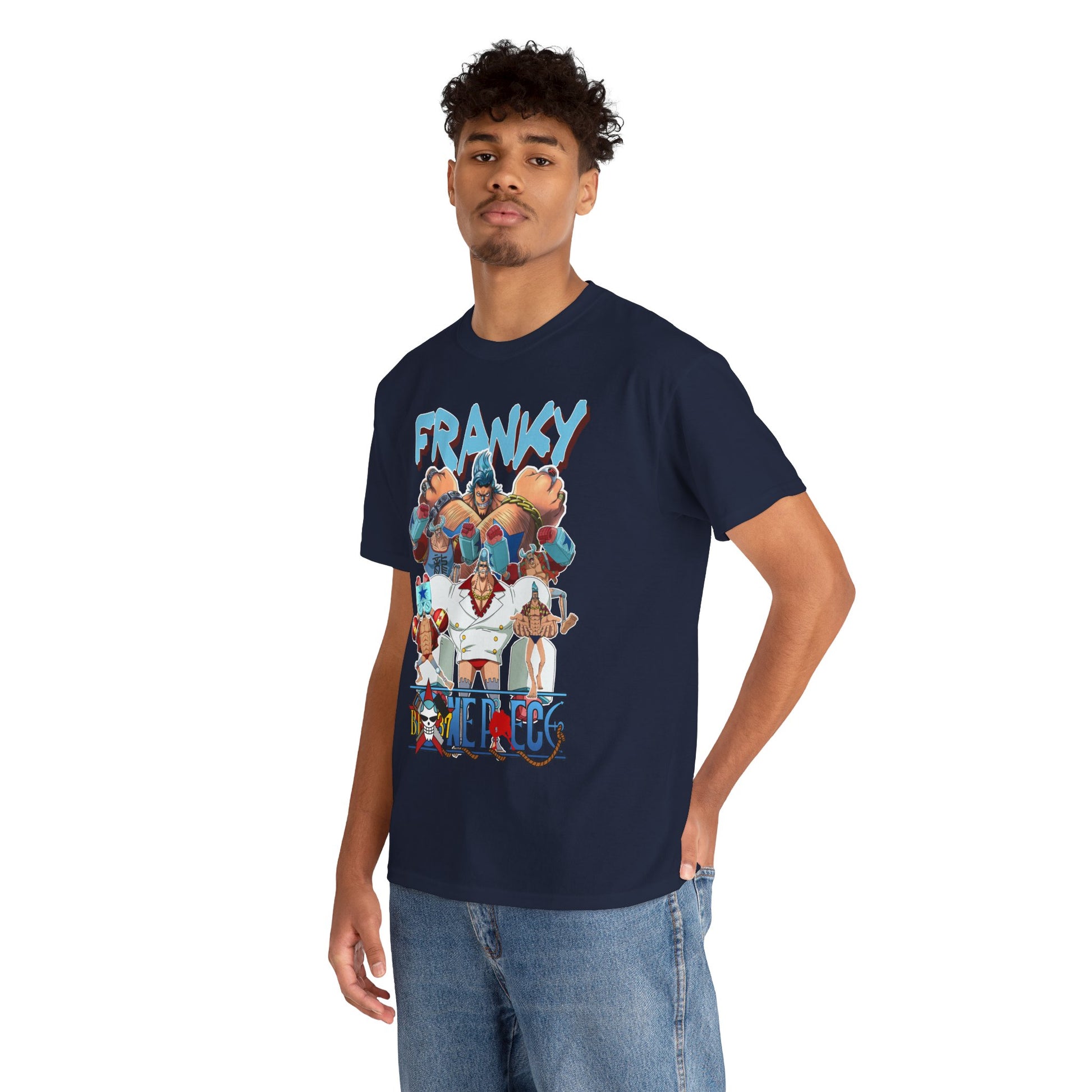 Stylish individual showcasing a navy t-shirt with a bold Franky graphic from 'One Piece', paired with relaxed denim for a contemporary, luxury aesthetic.