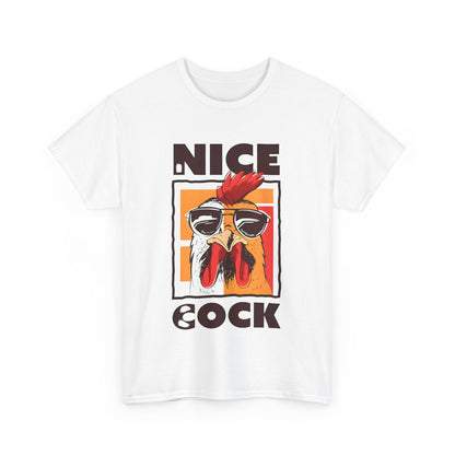 Unisex Nice Cock Graphic Tee - Vibrant Cartoon Chicken Design in Soft Cotton showcasing a bold cartoon chicken with sunglasses and the text 'NICE COCK' on a white background.