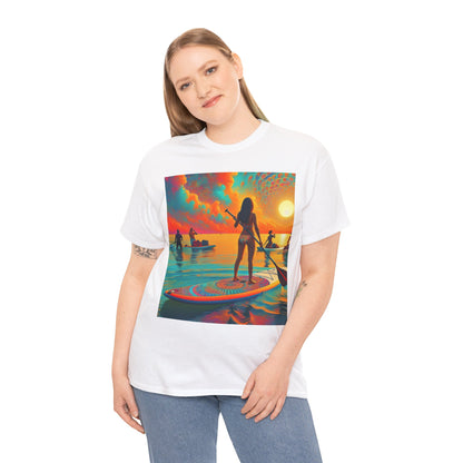 A serene lakeside view with the Delightful Paddle Board T-Shirt from Dazzling Dreams Studio, embodying luxury and adventure for water lovers.