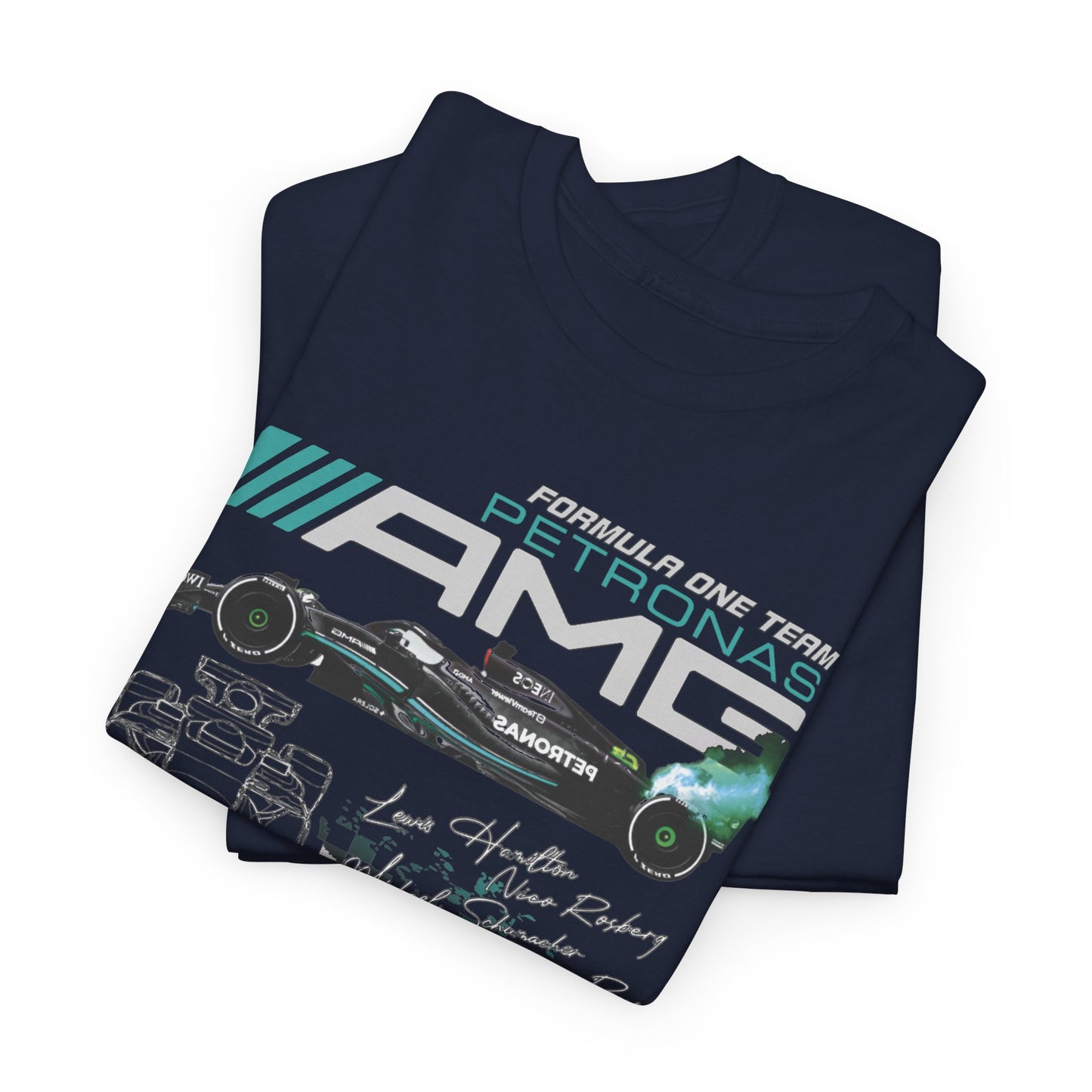 Folded navy men's t-shirt displaying vivid F1 car graphics and intricate designs, perfect for showcasing passion for speed and style as part of a luxury lifestyle.