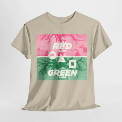 Squid Game Unisex Men´s Women´s Graphic Cotton Funny T Shirt Tee displayed elegantly, featuring the dynamic 'RED LIGHT' and 'GREEN LIGHT' motif, ideal for fashion enthusiasts inspired by the hit series.