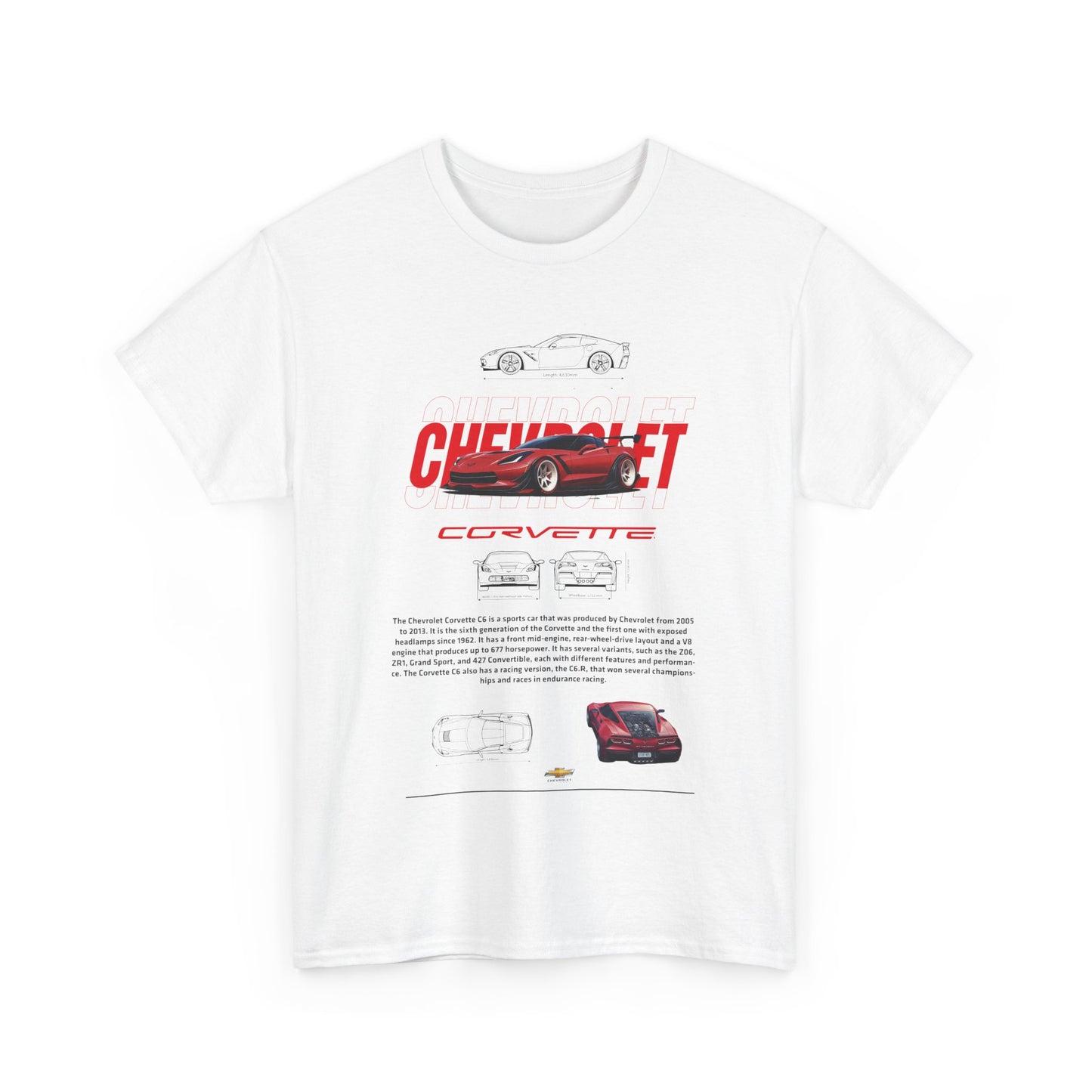 Front view of a luxury white Chevrolet Corvette C6 T-shirt displaying bold graphics and intricate design details, perfect for automotive enthusiasts.