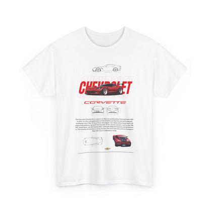 Front view of a luxury white Chevrolet Corvette C6 T-shirt displaying bold graphics and intricate design details, perfect for automotive enthusiasts.