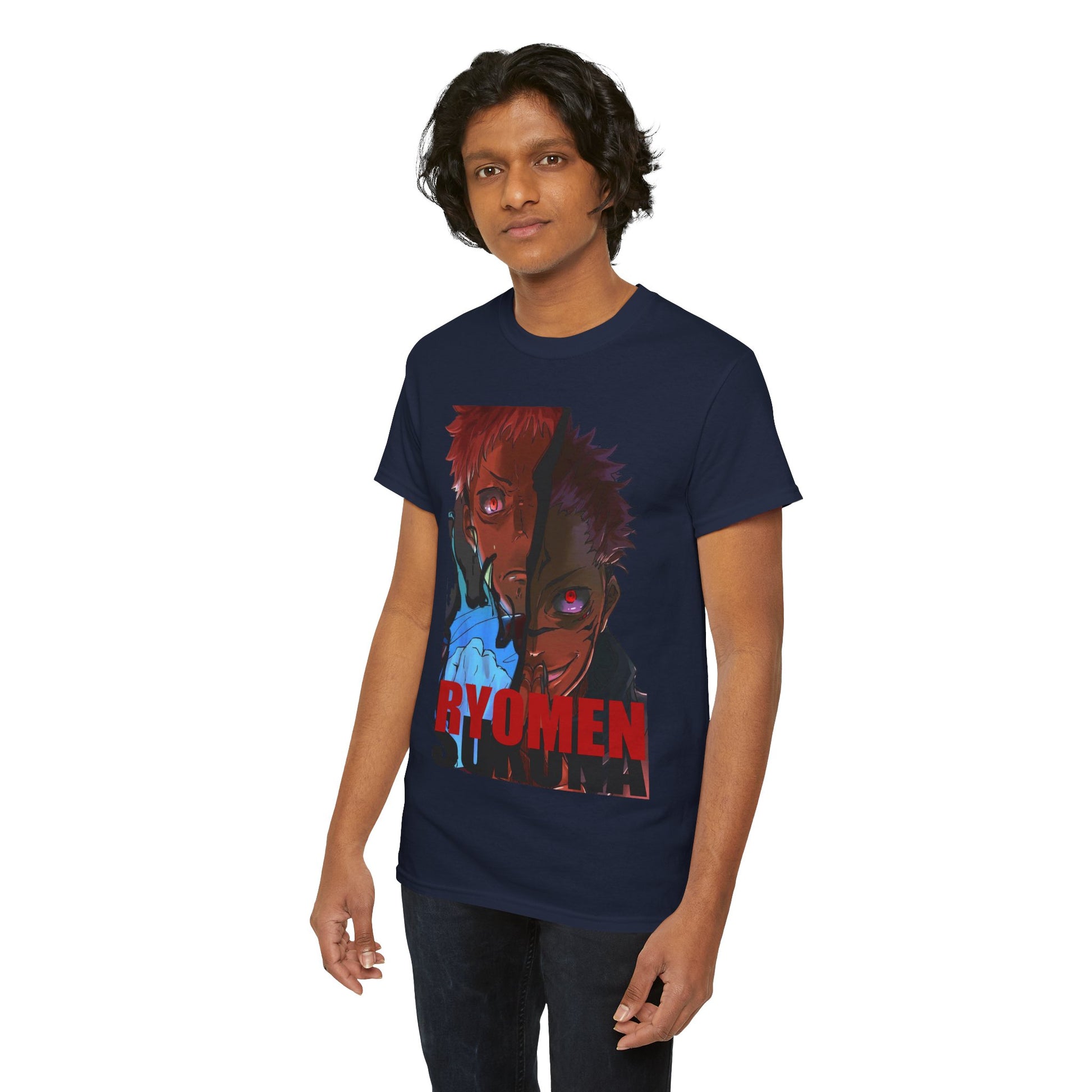 Sophisticated Ryomen Sukuna anime t-shirt displayed on a model, highlighting the dynamic character art in vivid colours, perfect for discerning anime aficionados.