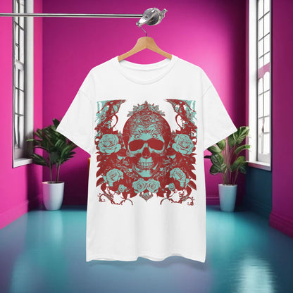 The Skulls and Roses Cotton Tee displayed artistically in a vibrant room, featuring a stunning skull and rose design, perfect for stylish, edgy fashion.