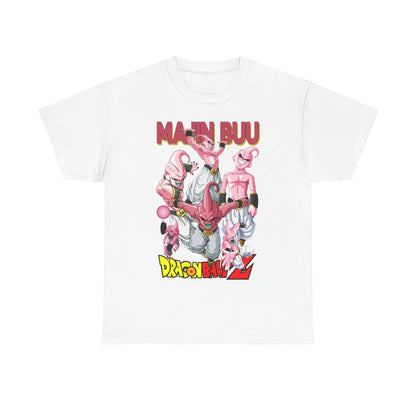 Luxurious white T-shirt featuring an artistic illustration of Majin Buu and characters from Dragon Ball Z, adorned with bold 'MAJIN BUU' text in vibrant colours, perfect for anime enthusiasts.