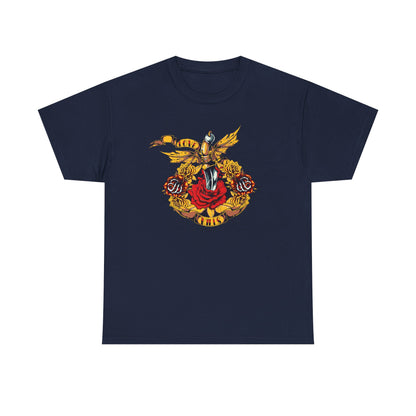 Chic navy blue t-shirt adorned with an intricate dagger surrounded by stunning roses and a golden 'LOVE KILLS' ribbon — ideal for those seeking a unique and fashionable look.