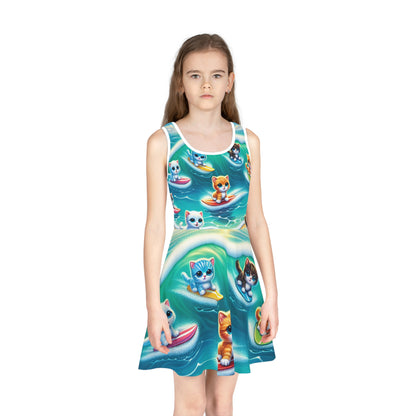 Whimsical kitten print on a luxurious sundress for girls by Lily Hemsworth, crafted by Dazzling Dreams Studio for stylish comfort.