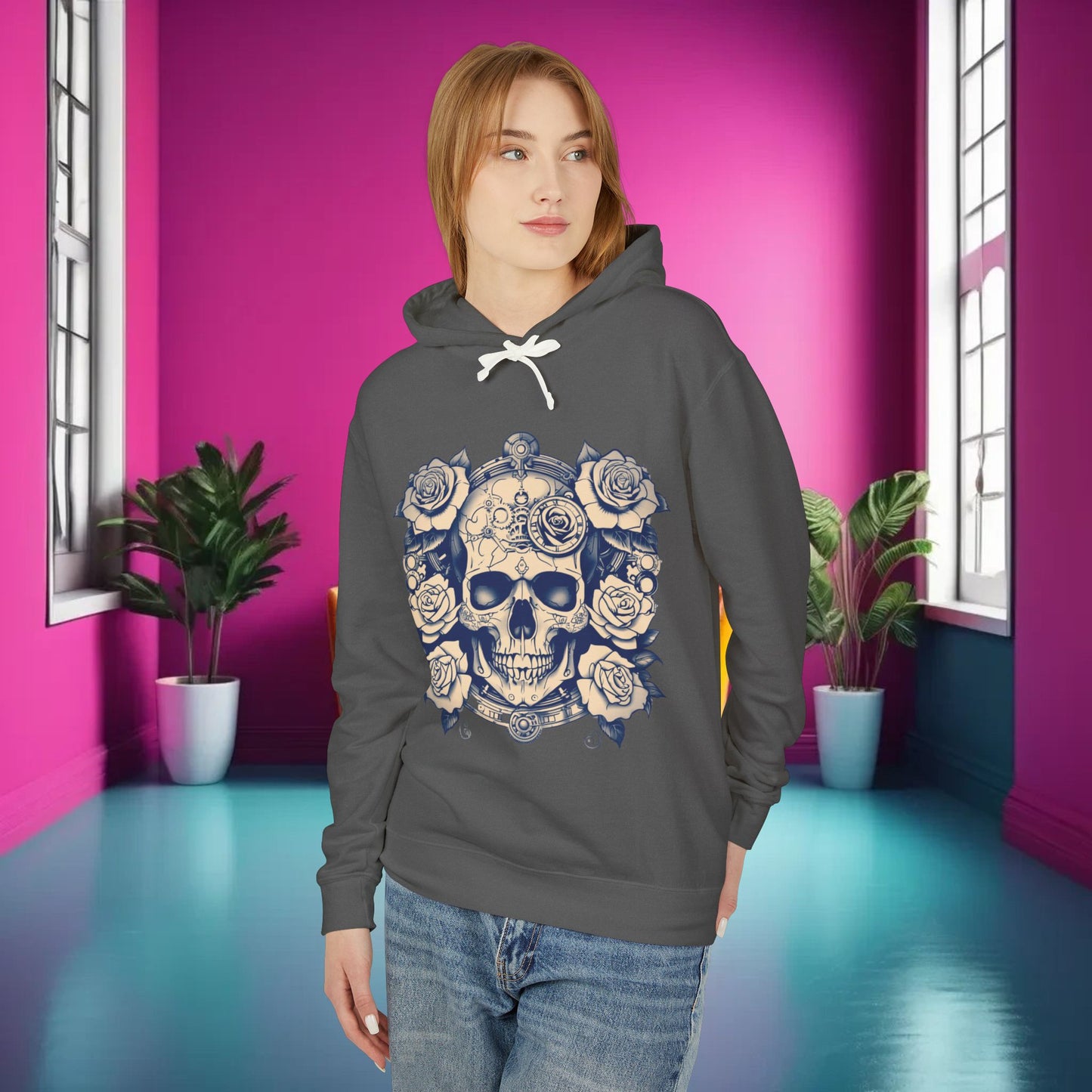 Steampunk Skull and Roses Lightweight Hoodie, Unisex Edgy Designer Sweatshirt