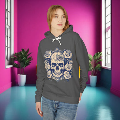 Model showcasing the Steampunk Skull and Roses Lightweight Hoodie, elegant and edgy with an intricate skull and roses design.