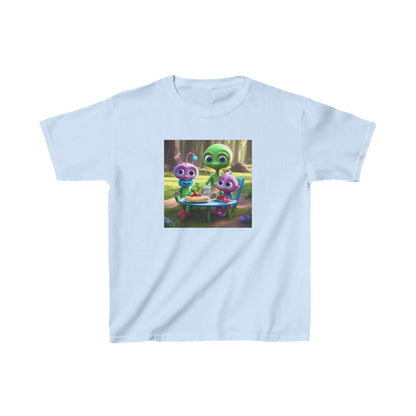 Kids Cute Aliens Heavy Cotton T-Shirt displaying charming alien figures, designed for young adventurers. Presented in a soft blue shade for a playful touch.