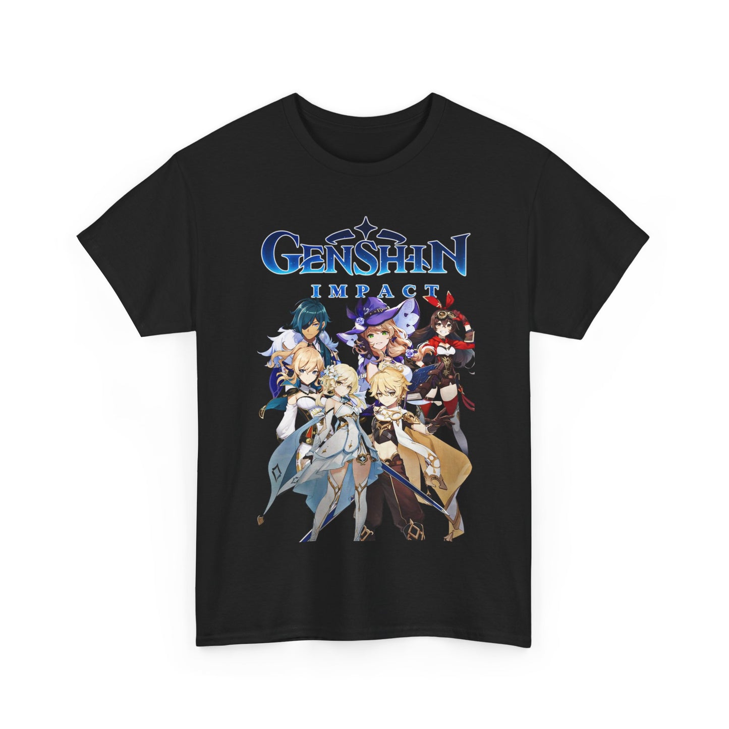 Stylish black Genshin Impact T-shirt with artistic graphic of beloved characters, ideal for casual wear or gaming conventions.