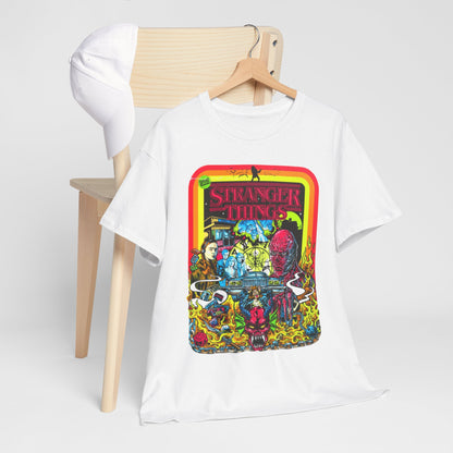 Sophisticated display of 'Stranger Things' t-shirt on a minimalist chair alongside a cap, featuring striking colourful design that appeals to fans of contemporary retro culture.