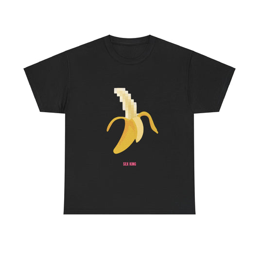 Elegant black unisex t-shirt showcasing a pixelated banana motif with the bold statement 'SEX KING', perfect for trendy urban fashion.