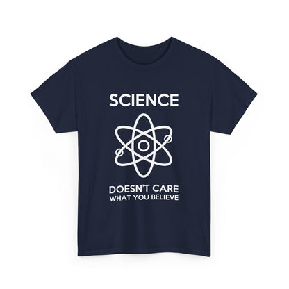 Front view of the opulent Science Doesn't Care What You Believe Graphic T-Shirt showcasing a bold graphic print on premium navy cotton.