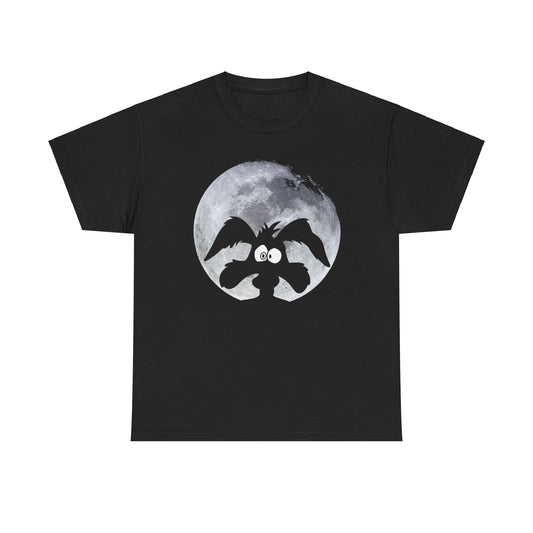 Stylish black t-shirt adorned with Wile E. Coyote's silhouette framed by a luminous moon, combining whimsy and sophistication.