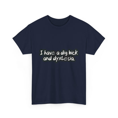 Refined Dig Bick and Dyslexia T-Shirt in deep navy, featuring a playful slogan, perfect for subtle humour in luxury wear.
