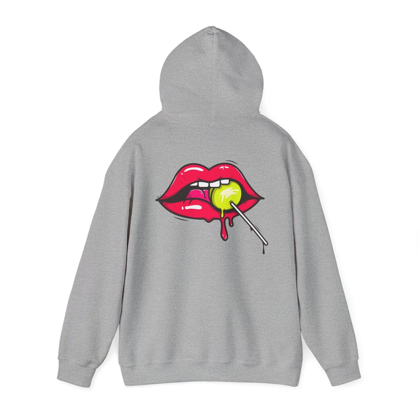 Luxurious grey hoodie showcasing a vibrant retro candy graphic featuring luscious pink lips and a lemon lollipop, perfect for adding a bold statement to any outfit.