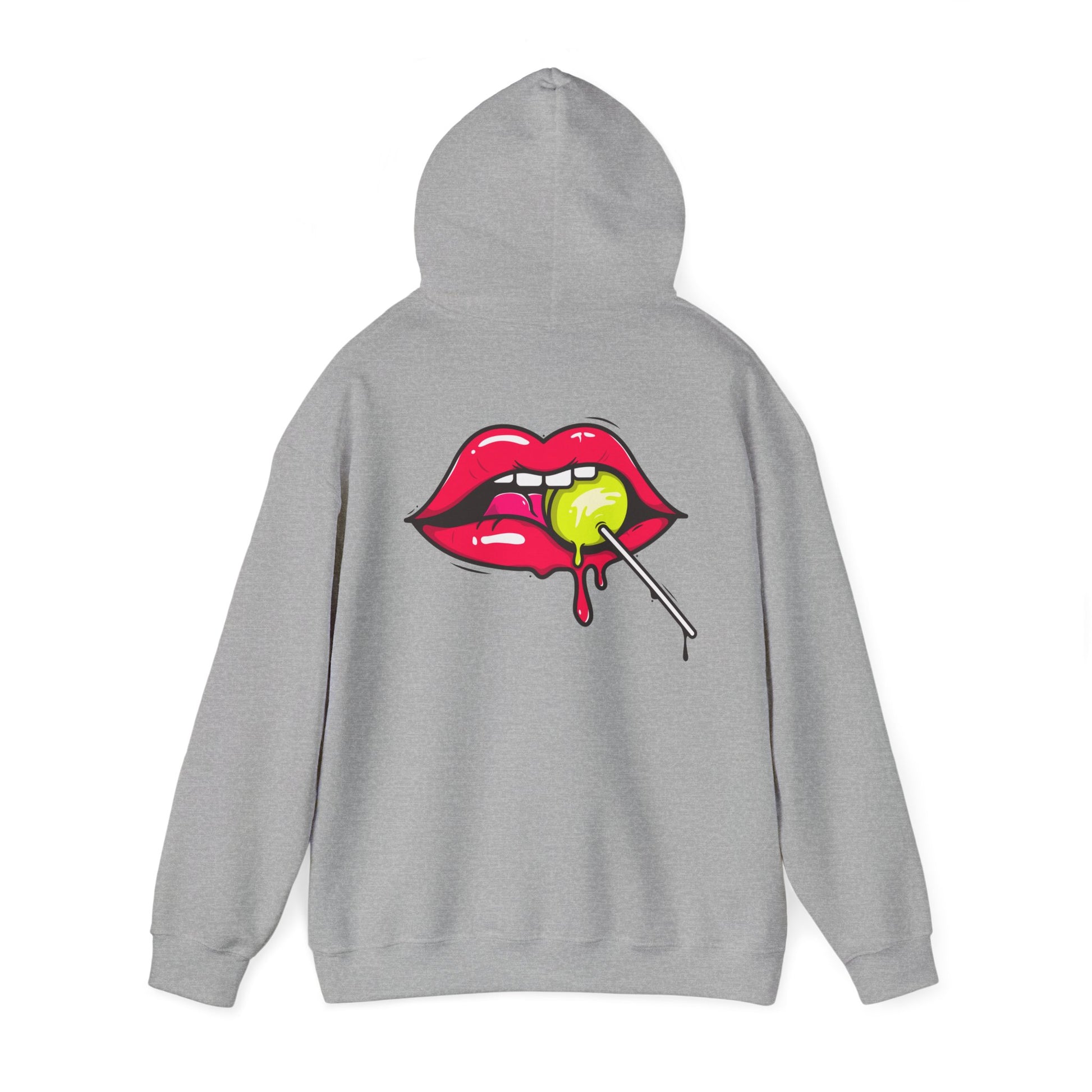 Luxurious grey hoodie showcasing a vibrant retro candy graphic featuring luscious pink lips and a lemon lollipop, perfect for adding a bold statement to any outfit.