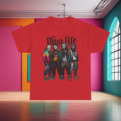Elegant Thug Life Horror Characters Graphic T-Shirt in vibrant red, featuring famous horror icons styled in urban fashion, ideal for stylish enthusiasts.