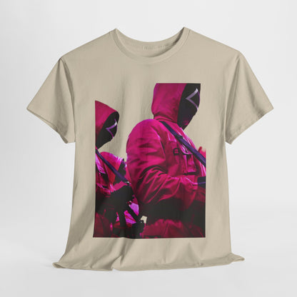 Squid Game Unisex Men's Women's Graphic Cotton Funny T-Shirt Tee featuring a bold design inspired by the hit Netflix series, showcasing individuals in distinctive pink outfits with masks, ideal for streetwear enthusiasts.