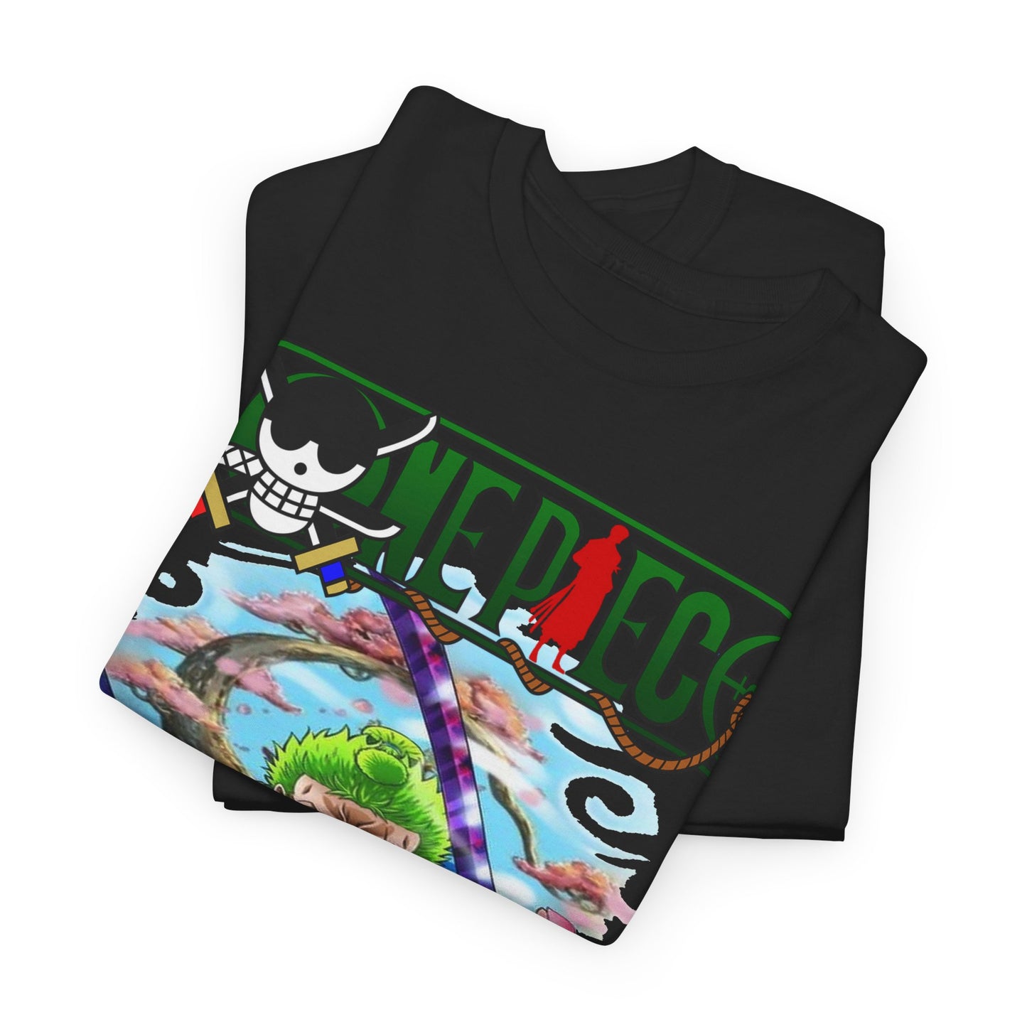 Stylish Roronoa Zoro T-Shirt neatly folded, displaying the iconic One Piece design with vivid colours and intricate details, perfect for fashion-forward fans.