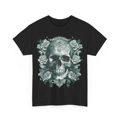Front view of the Skulls and Roses Cotton Tee in black, featuring intricate steampunk skull and rose graphic, ideal for making a bold fashion statement.