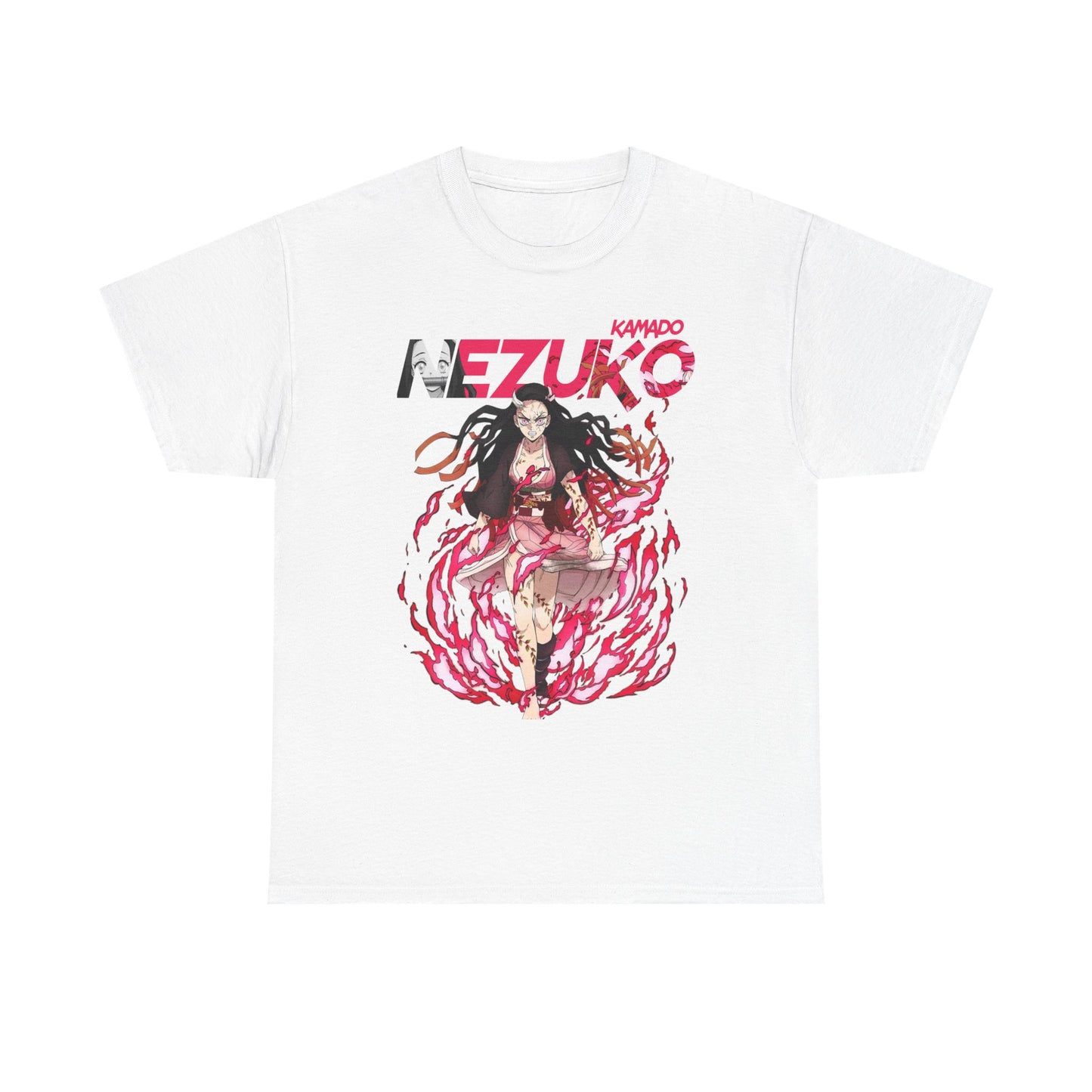 Elegant white T-shirt adorned with a striking Nezuko Kamado graphic, blending traditional Japanese elements with contemporary style for anime enthusiasts.